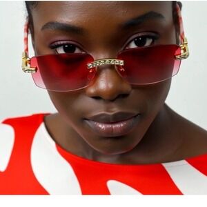 Women Rimless Sunglasses Red Lens Fashion Shades Diamond Lady‎ Female Lentes New
